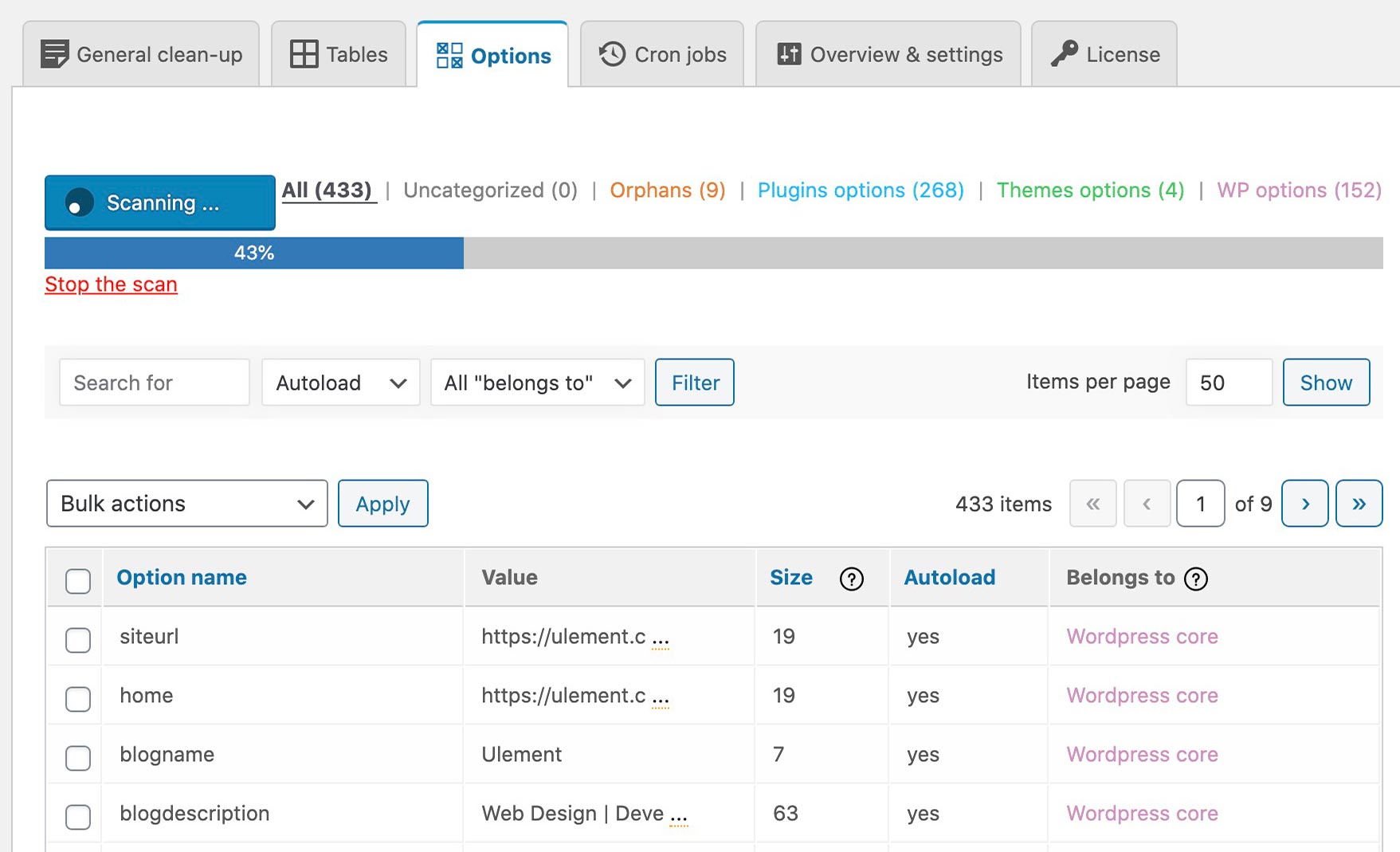 Wordpress Advanced Database Cleaner Scanning Options