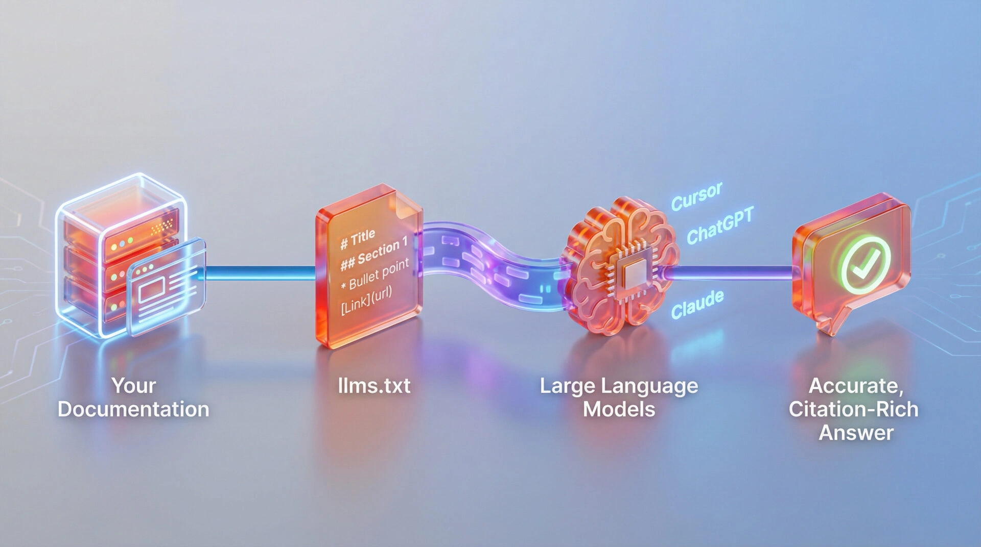 Flowchart illustrating data moving from a website's llms.txt file into AI models and finally to the user.
