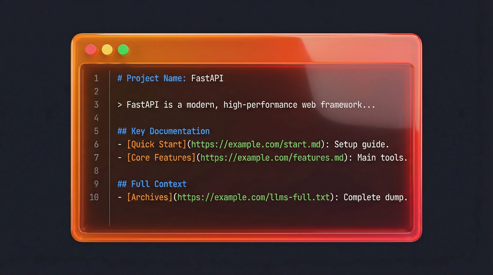 A code editor window displaying the standard structure of an llms.txt file including header, summary, and links.