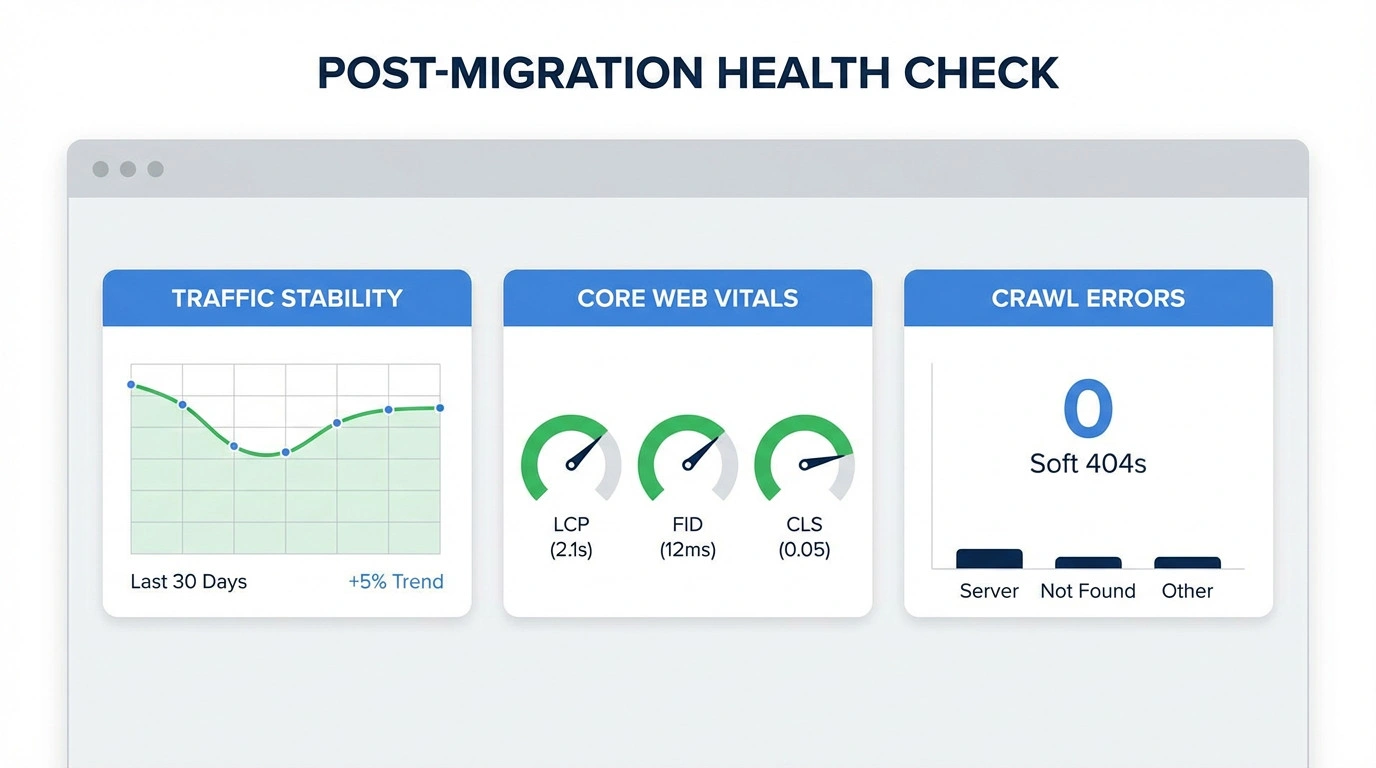 Dashboard interface showing graphs for traffic stability and core web vitals