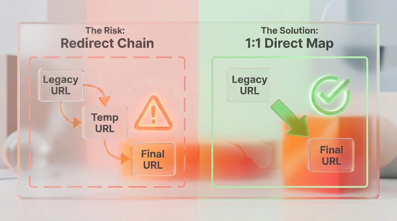 Diagram comparing incorrect redirect chains versus correct one-to-one redirect mapping