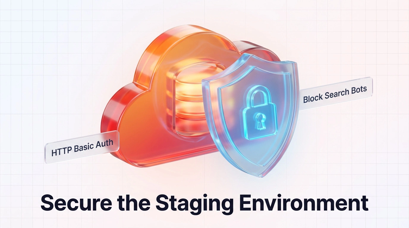 Security shield icon locking a server rack representing staging environment protection