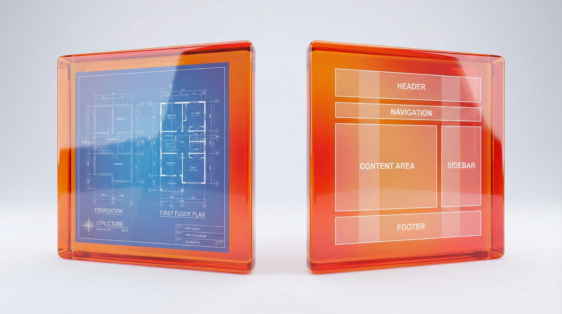 A comparison between a physical building blueprint and a digital website architecture wireframe.