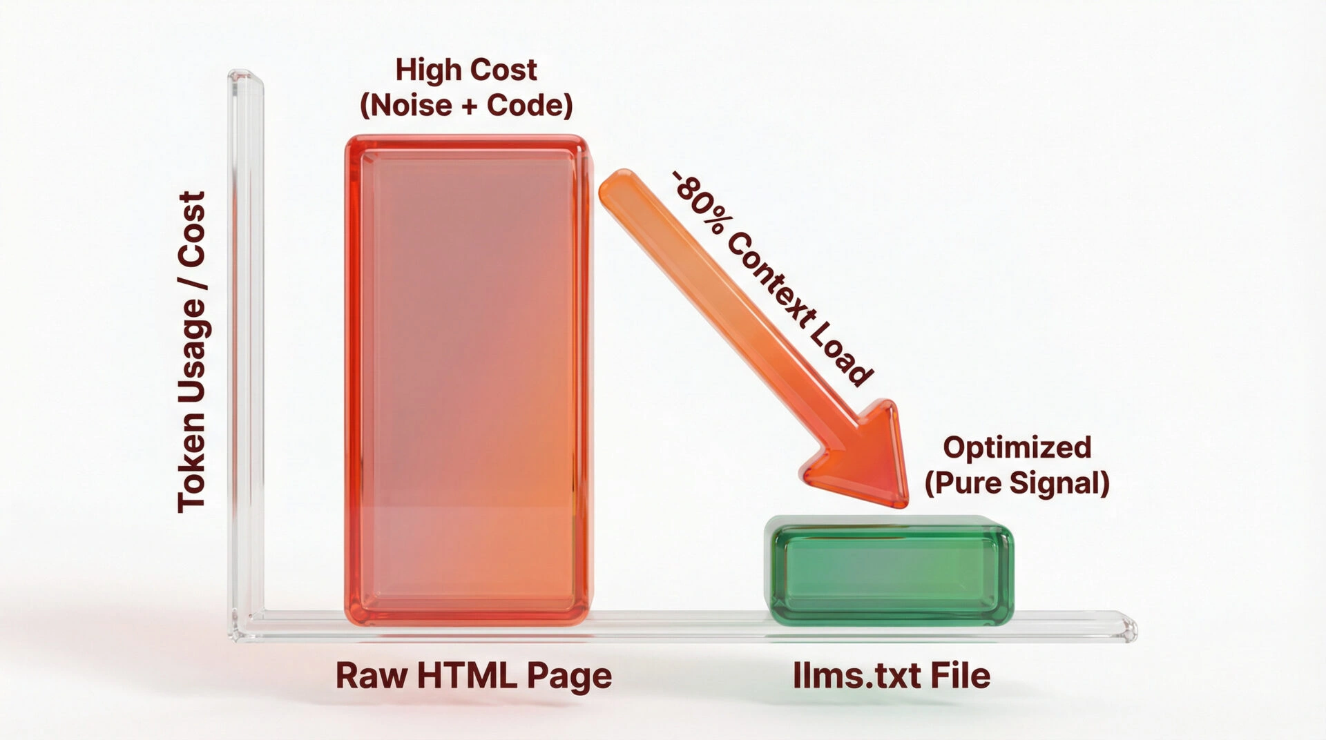 Bar chart showing high token usage for HTML scrapes and very low token usage for llms.txt.