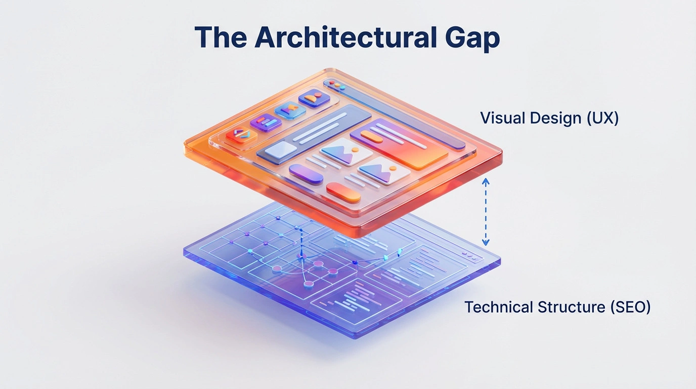 Split view showing website visual design on top and code structure underneath