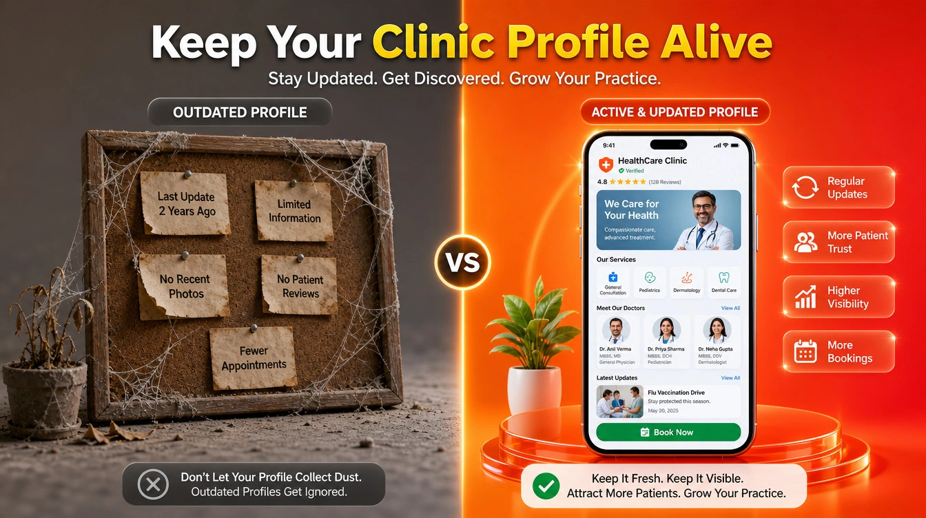 Split screen showing a dusty bulletin board next to a vibrant smartphone displaying active clinic updates.