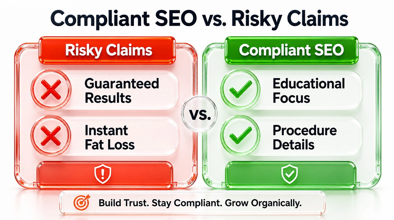 Split screen comparison showing non-compliant aesthetic marketing claims versus compliant educational content.