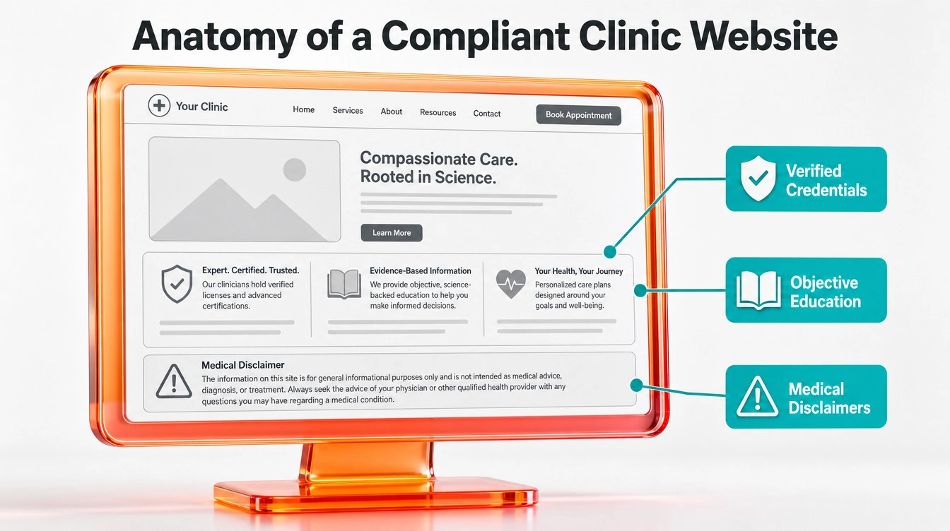 Wireframe of a medical aesthetic website highlighting verified credentials, educational content, and prominent medical disclaimers.