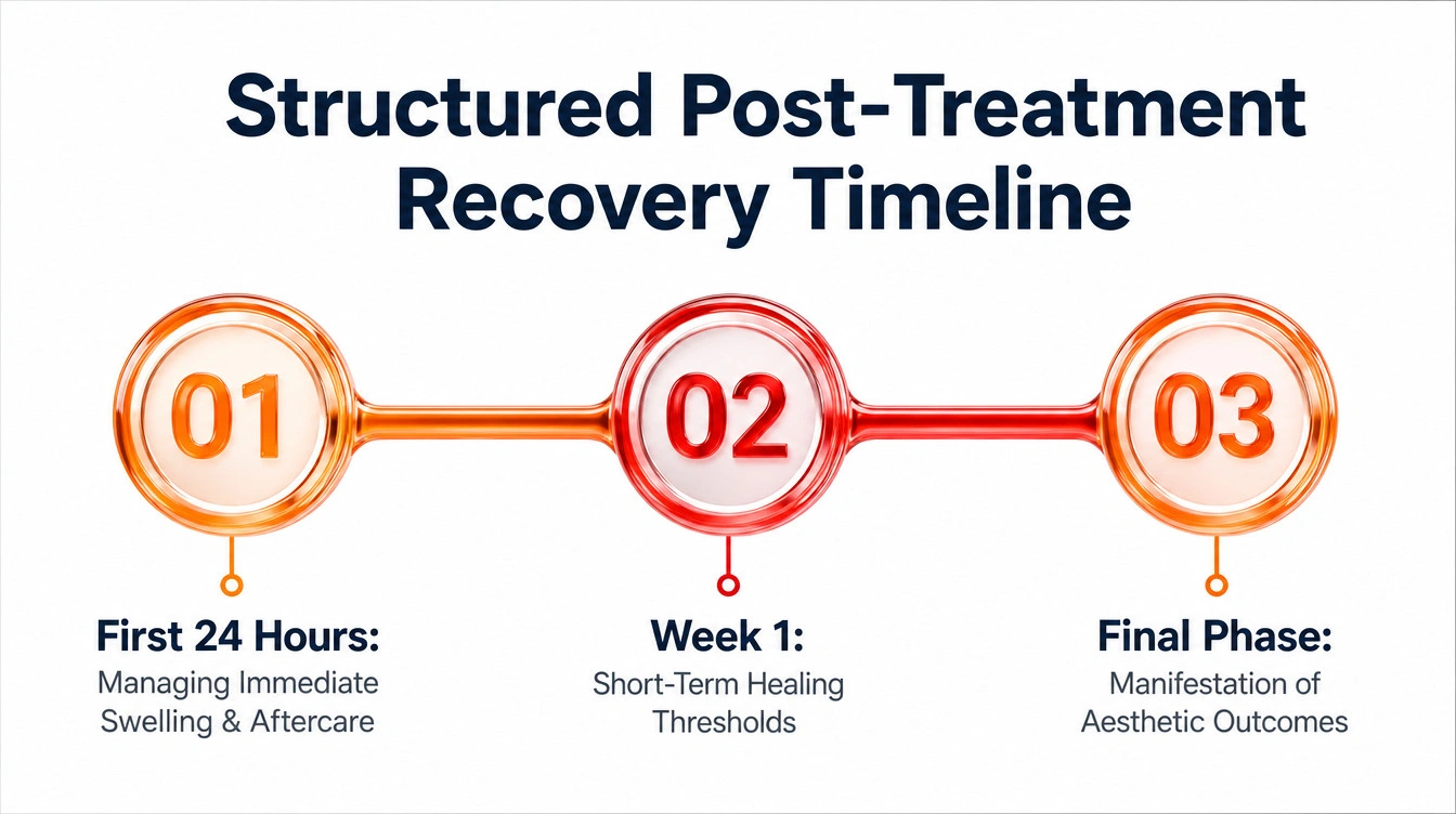 Linear timeline displaying structured post-treatment recovery phases spanning the first 24 hours, one week, and final results.