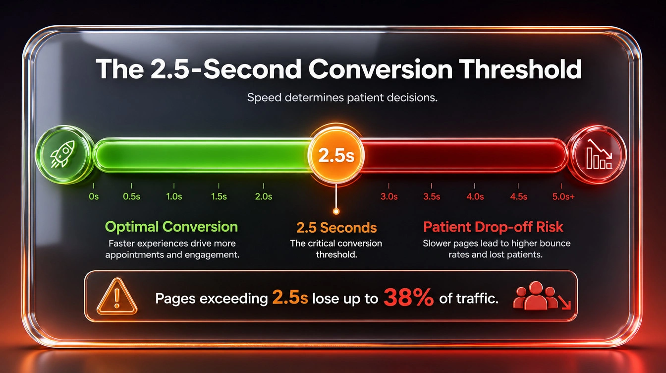 Performance gauge detailing the connection between a 2.5-second web page load time and a drop in patient conversion traffic.