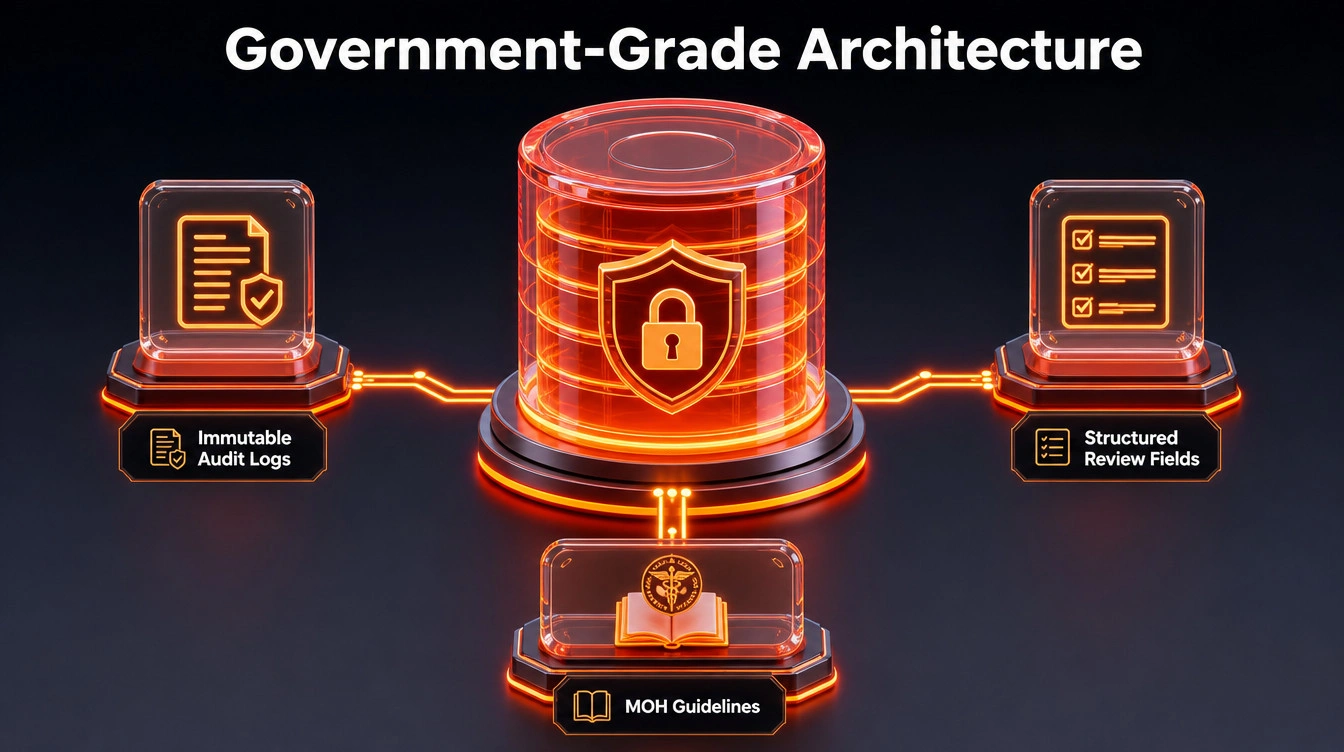 Database architecture diagram connecting to compliance nodes like audit logs and review workflows