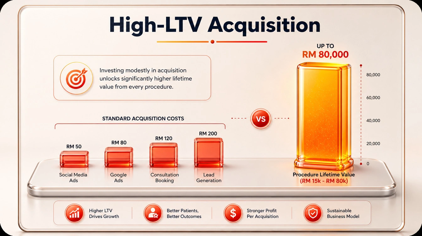 Bar chart showing the high lifetime value of medical aesthetics patients against standard search acquisitions