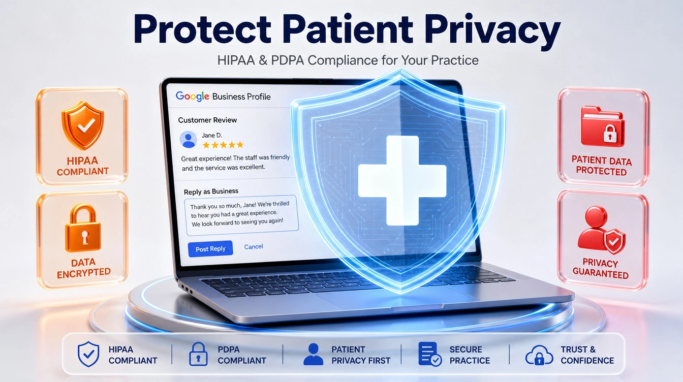 Concept visual of a glowing blue privacy shield protecting a computer screen while replying to a patient review.
