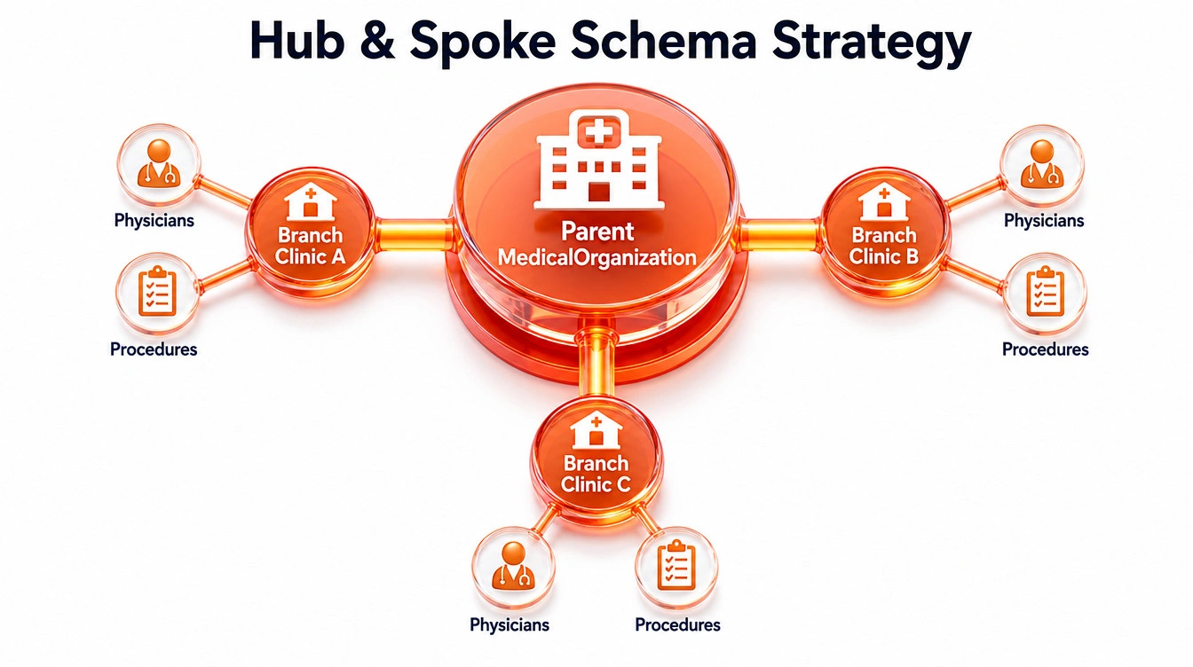 Hub and spoke network diagram linking a parent clinic to multiple local branch nodes File Name: hub-and-spoke-clinic-schema-graph