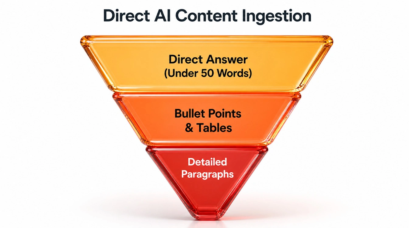 Infographic diagram of the inverted pyramid content structure showing direct answers at the top and detailed paragraphs at the bottom for AI ingestion.