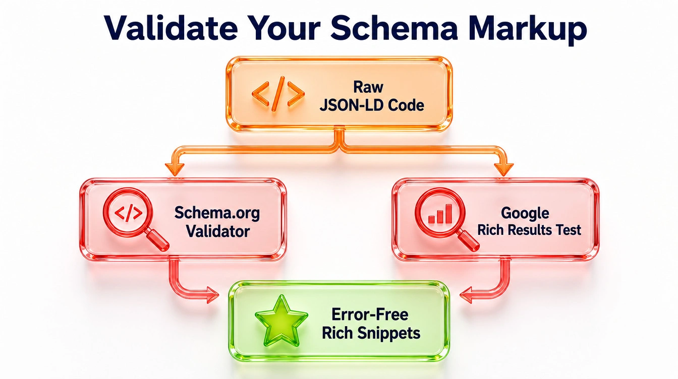 Flowchart detailing the validation process for JSON-LD code through official testing tools before deployment.