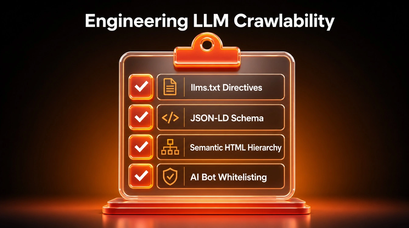 Checklist graphic highlighting llms text files json ld schema and semantic html for artificial intelligence crawlers