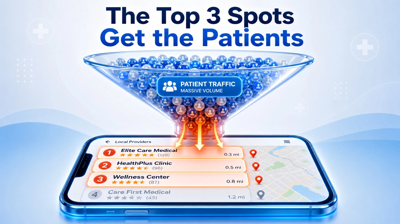 Infographic showing patient traffic funneling directly into the top three local search results on a smartphone.