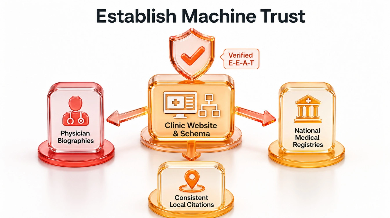 Flowchart illustrating the connection between a clinic's website, medical schema markup, and national registry databases to build AI trust.