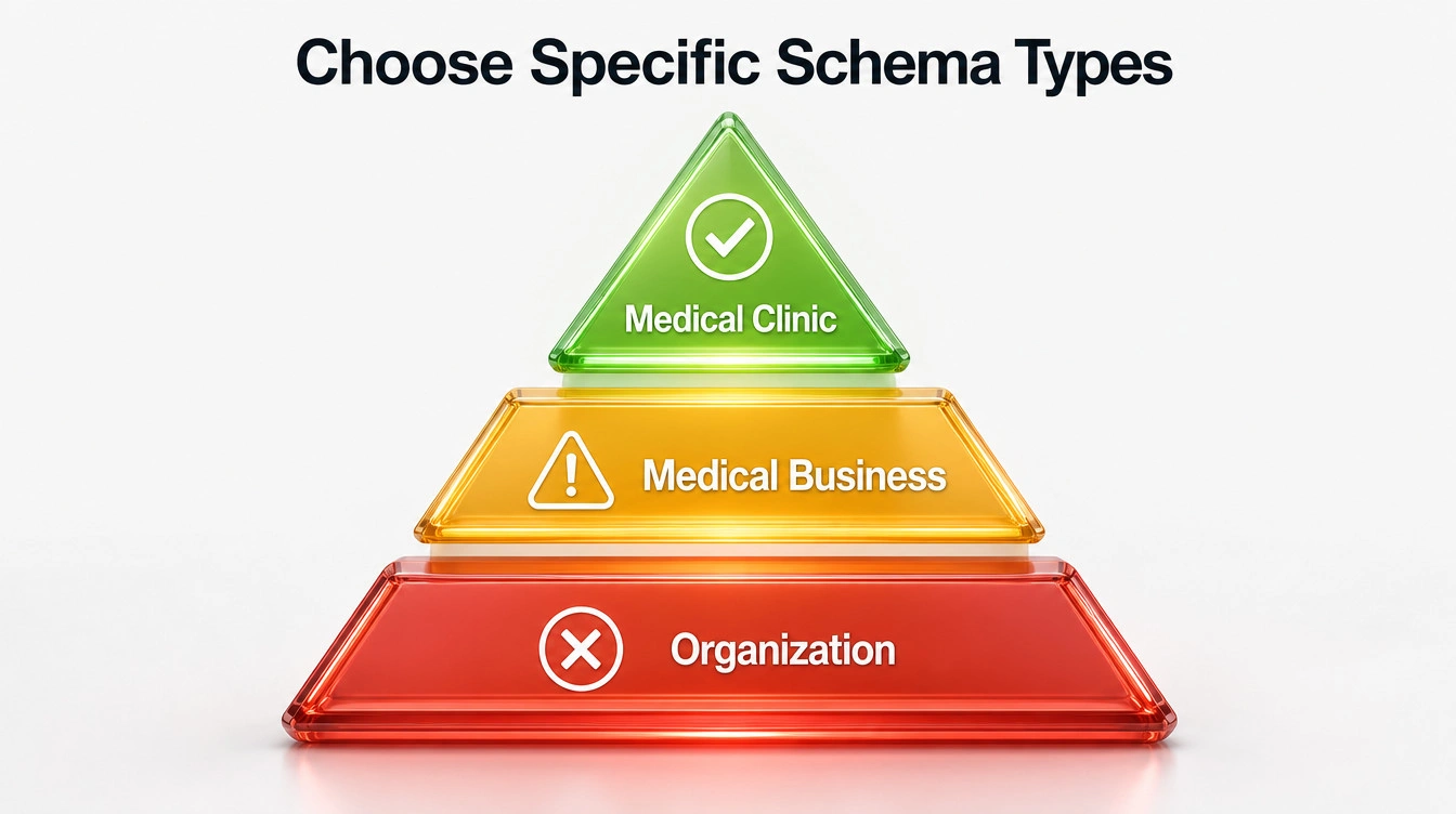 Pyramid infographic demonstrating why a medical clinic should choose specific schema types rather than broad organizational tags.