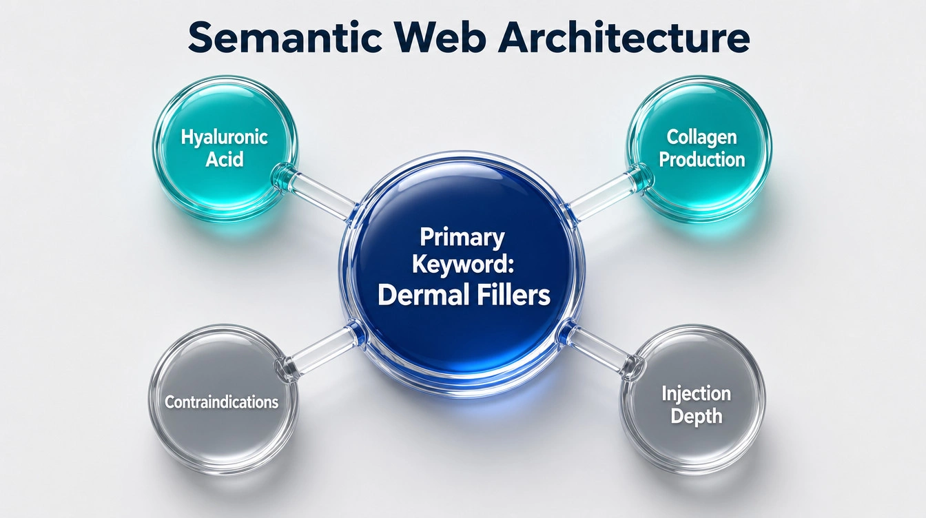 A semantic web diagram showing a primary medical keyword surrounded by connected secondary clinical LSI terms.