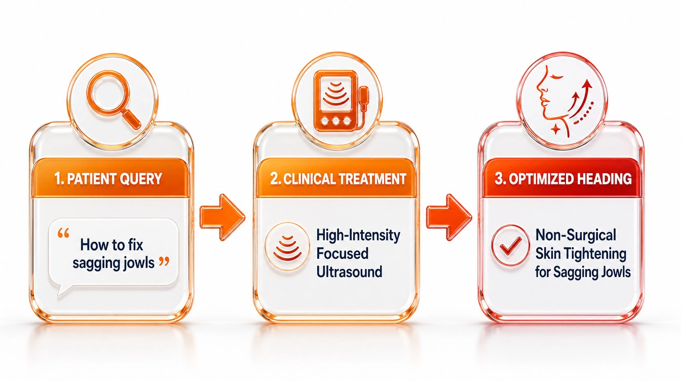 Diagram illustrating the conversion of patient symptom search queries into compliant medical heading structures.