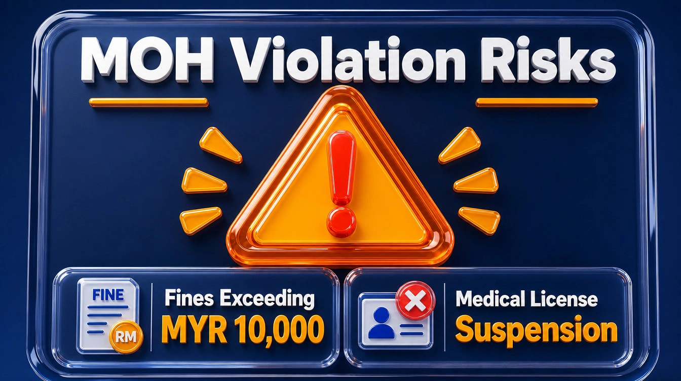 Infographic highlighting the penalties for violating Ministry of Health guidelines including heavy fines and license suspension.