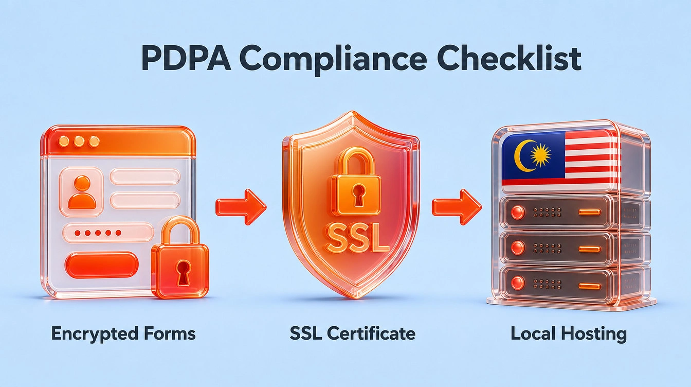 Flowchart illustrating secure patient data flow including SSL encryption and local server hosting for PDPA compliance.