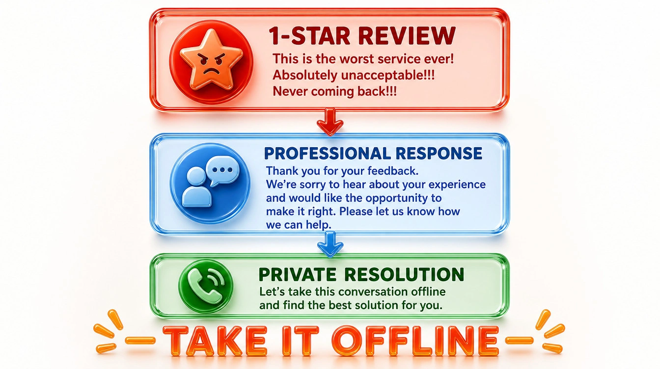 Flowchart showing a negative review transitioning into a professional response and then moving to a phone call offline.