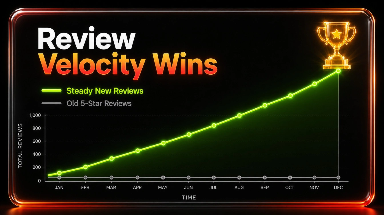 Line graph comparing stagnant old reviews with a rising line of steady new reviews.