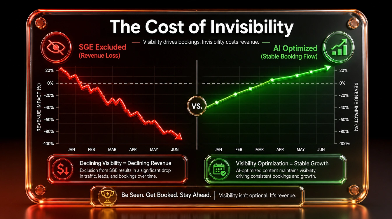 Line graph comparing severe revenue erosion from SGE exclusion against stable revenue for optimized sites