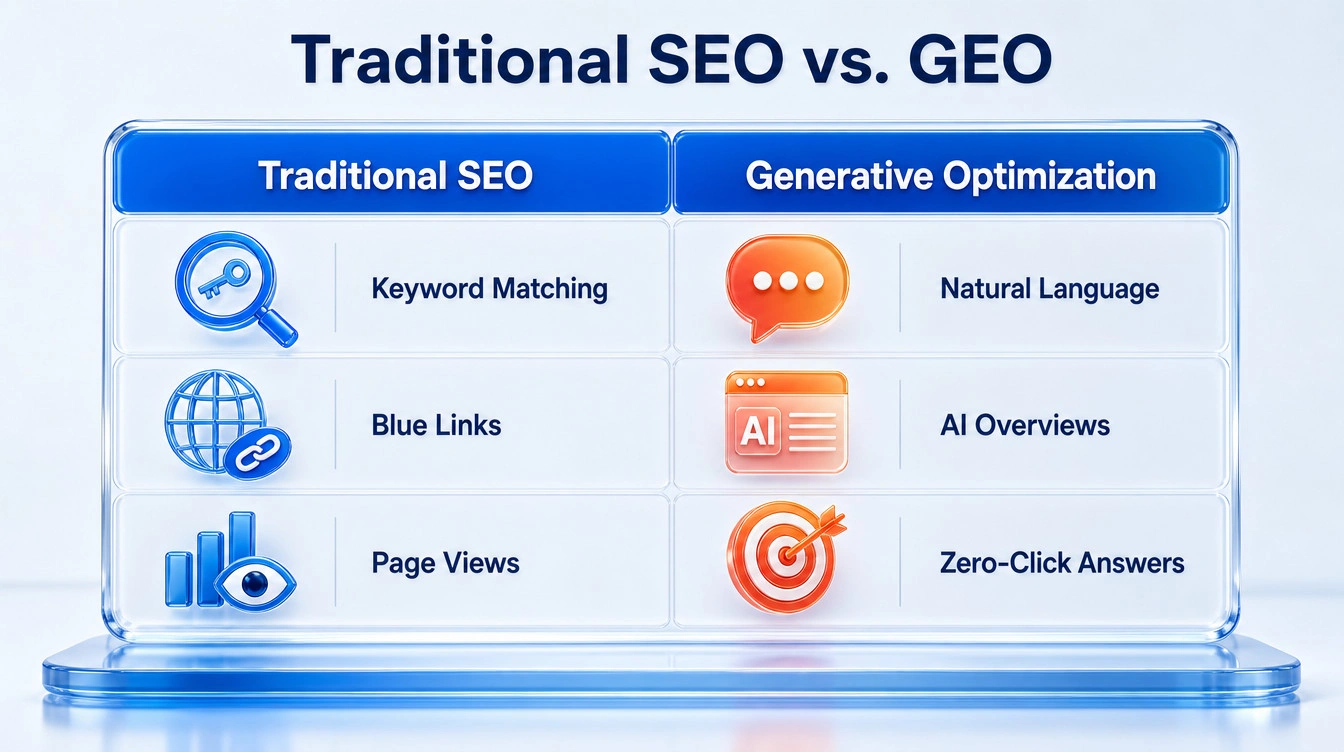Comparison table highlighting the differences between traditional keyword SEO and Generative Engine Optimisation data ingestion.