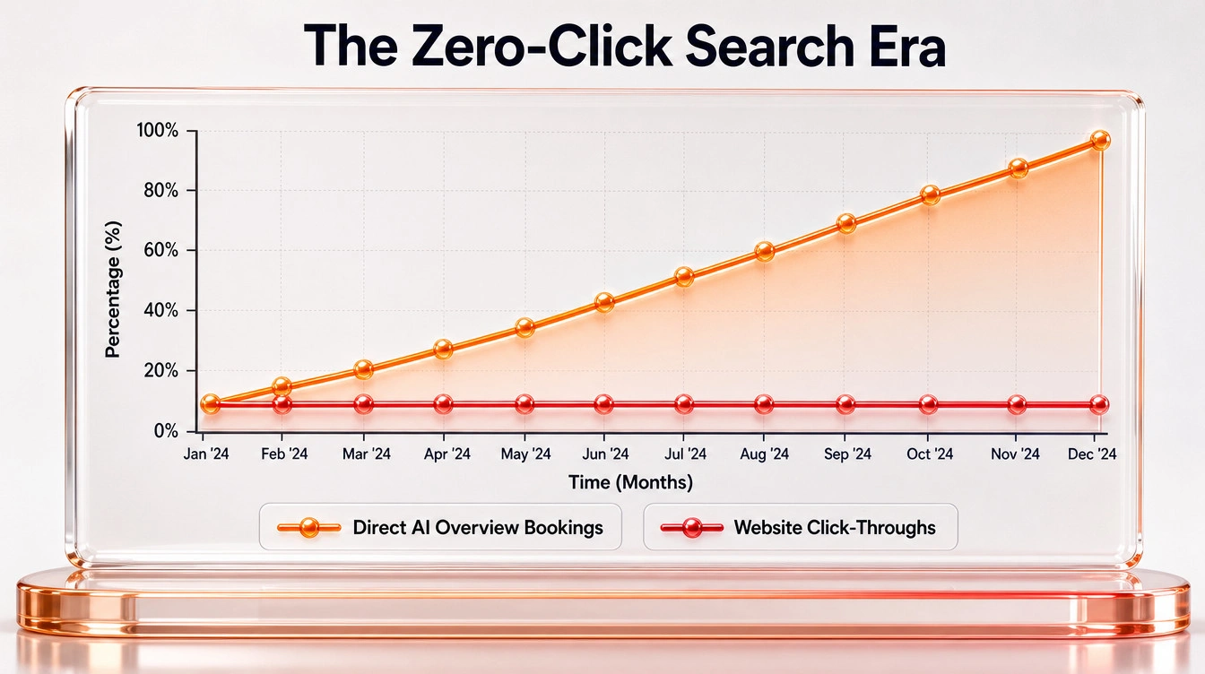 Line graph tracking the upward trend of zero-click patient bookings originating directly from AI search overviews.