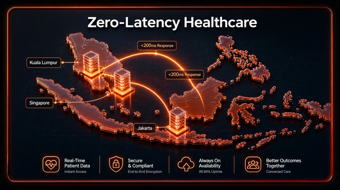 Network map showing high speed server responses under two hundred milliseconds across southeast asia